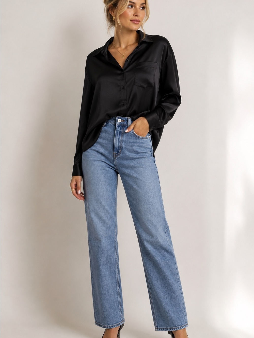 Black Satin Boyfriend Button Down Shirt XXL NWT Oversized Quiet Luxury Travel